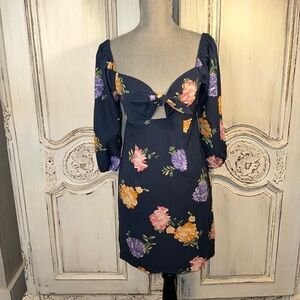 WAYF Navy Floral Front Tie with Peep Opening Puffed Sleeve Empire Mini Dress S/S